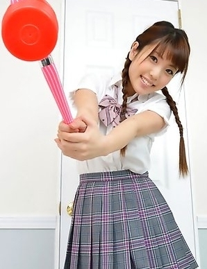 Mizuho Shiraishi with uniform and pigtails plays like child