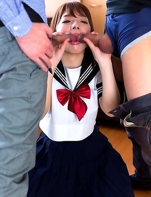 Schoolgirl Mari Rika sucking two cock